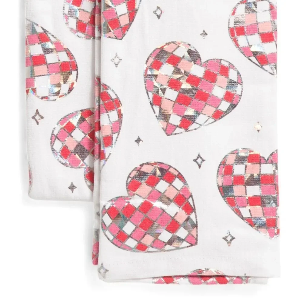 NM Valentine’s Day Pink White Gray Metallic Silver Cotton Tea Kitchen Towels 2pk